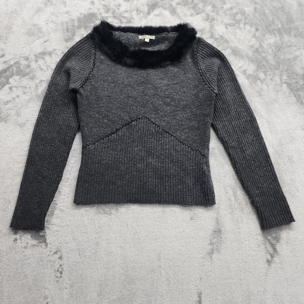 Vintage Avalin Sweater Womens S Gray Black Stretch Wool‎ Embroidered Fur Collar